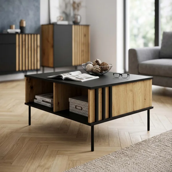 Tavolino da salotto 87x66 cm 2 vani a giorno cannettato nero rovere Garda