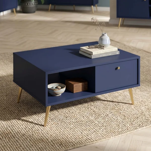 Tavolino da salotto 87x66cm 1 anta a ribalta 1 vano a vista blu navy Carly