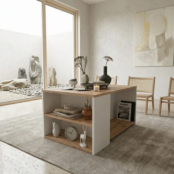 Tavolino da salotto 90x59cm 2 ripiani bianco rovere rustico Luzon