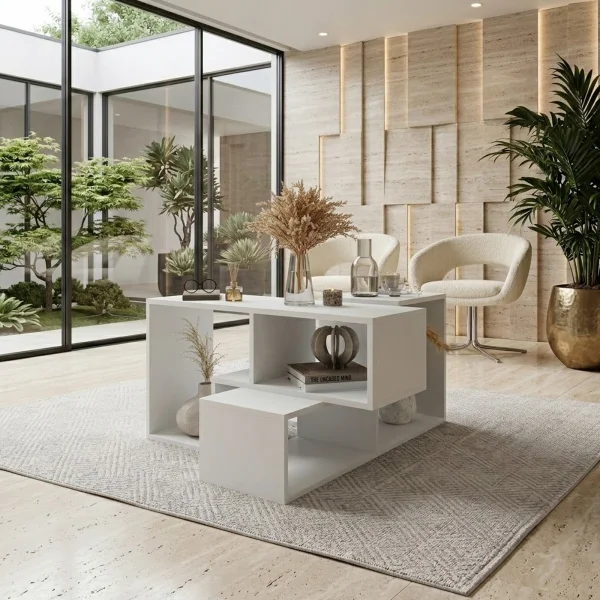 Tavolino da salotto 91x54h cm 4 vani a vista moderno multifunzione bianco Camaleo