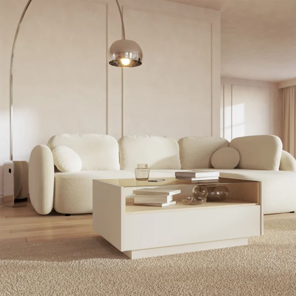 Tavolino da salotto 96x67cm con led 2 cassetti 1 ripiano a vista soggiorno beige rovere Cream
