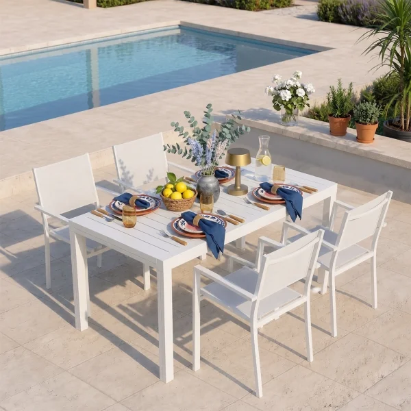 Tavolo da giardino allungabile 160/240x90cm in alluminio con top a doghe bianco Convivio