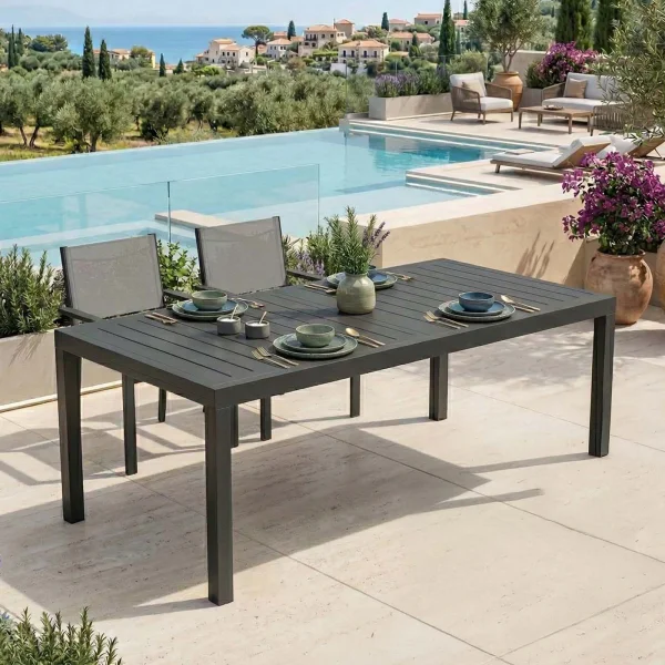 Tavolo da giardino allungabile 200/300x100cm in alluminio con top a doghe antracite Convivio