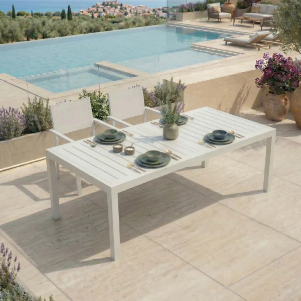 Tavolo da giardino allungabile 200/300x100cm in alluminio con top a doghe bianco Convivio