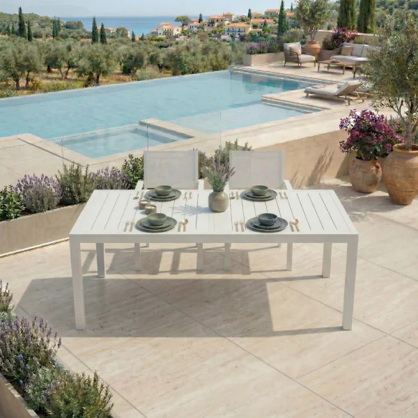 Tavolo da giardino allungabile 200/300x100cm in alluminio con top a doghe bianco Convivio