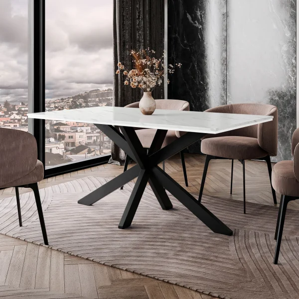 Tavolo da pranzo 160x90 cm industrial rettangolare effetto marmo bianco metallo nero Steel