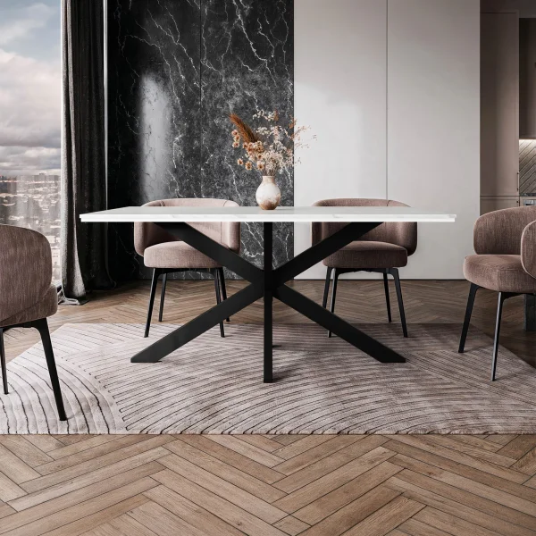 Tavolo da pranzo 160x90 cm industrial rettangolare effetto marmo bianco metallo nero Steel