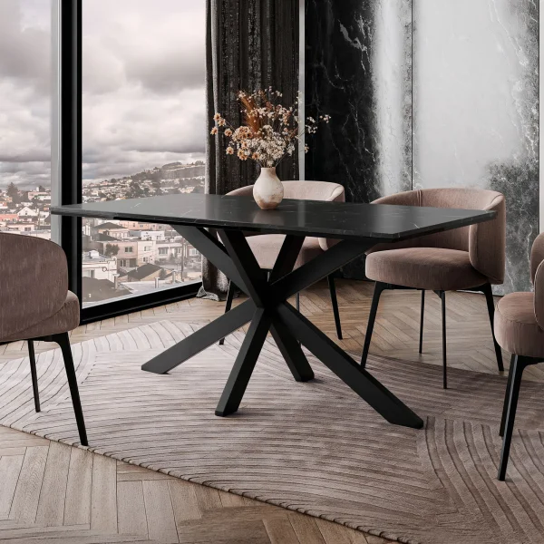 Tavolo da pranzo 160x90 cm industrial rettangolare effetto marmo nero metallo nero Steel