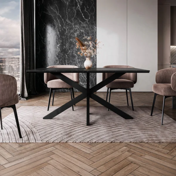 Tavolo da pranzo 160x90 cm industrial rettangolare effetto marmo nero metallo nero Steel