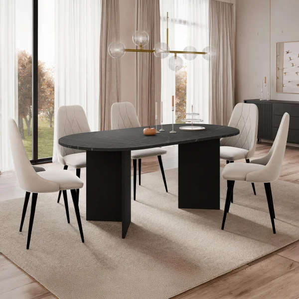 Tavolo da pranzo 185x90cm ovale effetto marmo nero Elden