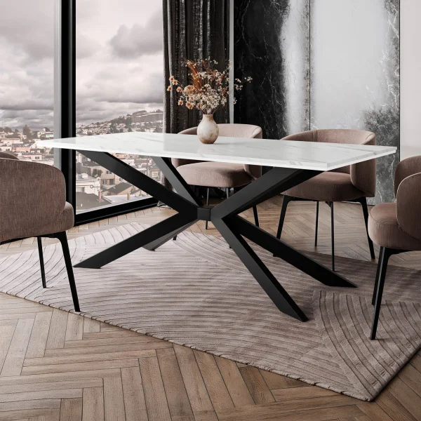 Tavolo da pranzo 190x90 cm industrial rettangolare effetto marmo bianco metallo nero Axon