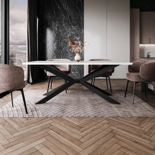 Tavolo da pranzo 190x90 cm industrial rettangolare effetto marmo bianco metallo nero Axon