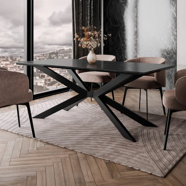 Tavolo da pranzo 190x90 cm industrial rettangolare effetto marmo nero metallo nero Axon