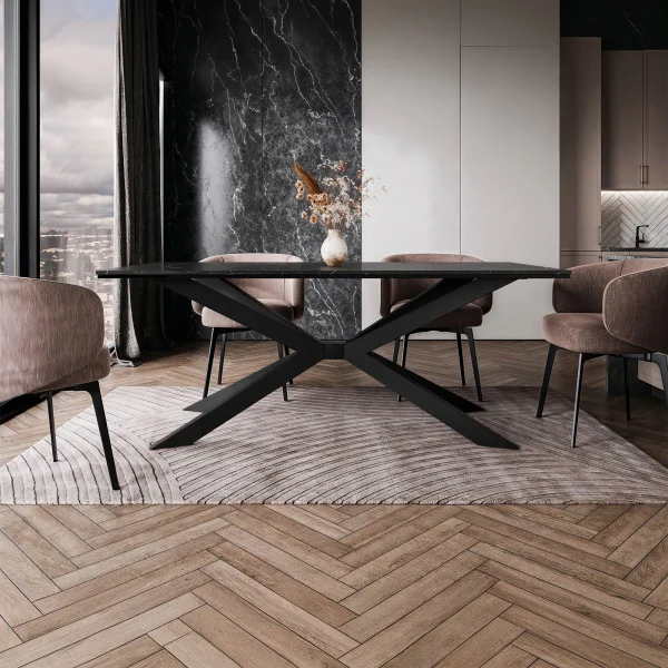 Tavolo da pranzo 190x90 cm industrial rettangolare effetto marmo nero metallo nero Axon