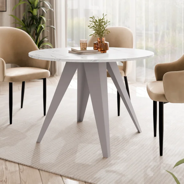 Tavolo da pranzo allungabile 100/138x100 cm rotondo industrial effetto marmo bianco metallo cashmere Cortex