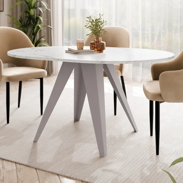 Tavolo da pranzo allungabile 100/138x100 cm rotondo industrial effetto marmo bianco metallo cashmere Cortex