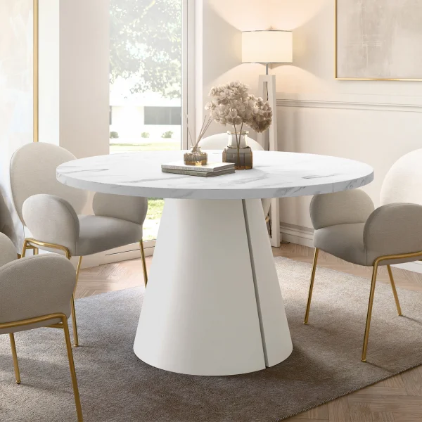 Tavolo da pranzo allungabile 100/176x100 cm rotondo industrial effetto marmo bianco metallo cashmere Grint