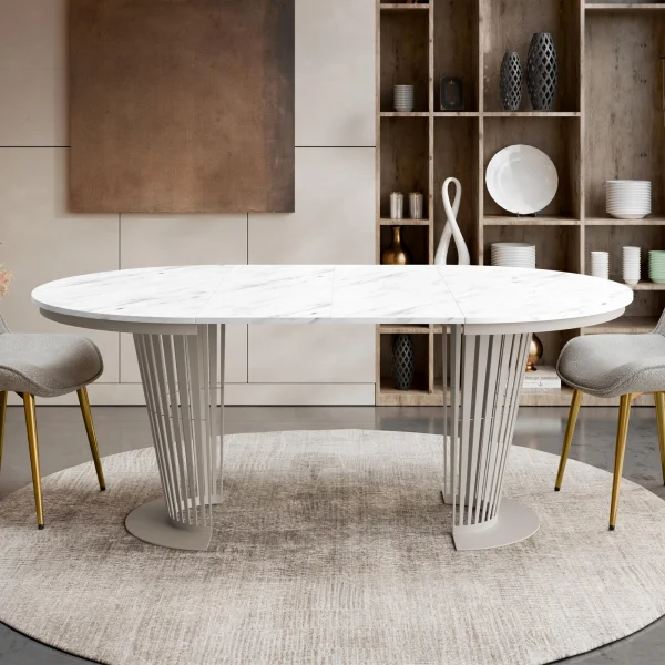 Tavolo da pranzo allungabile 100/176x100 cm rotondo industrial effetto marmo bianco metallo cashmere Monox