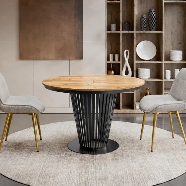 Tavolo da pranzo allungabile 100/176x100 cm rotondo industrial rovere metallo nero Monox