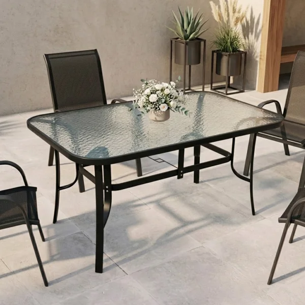 Tavolo da giardino 150x90cm con top in vetro temperato e struttura acciaio nero Lume