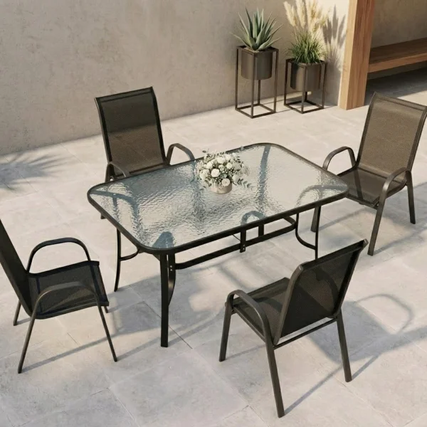 Tavolo da giardino 150x90cm con top in vetro temperato e struttura acciaio nero Lume