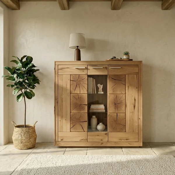 Vetrina 150x135h cm 3 ante legno massello rovere Ebania