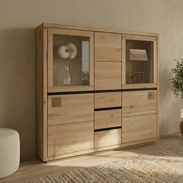 Vetrina 166x148h cm 5 ante 3 cassetti legno massello rovere Tarselia