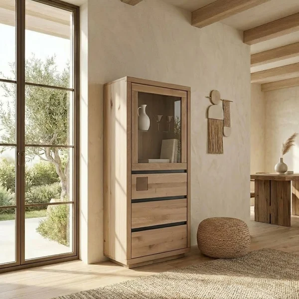 Vetrina 65x148h cm 1 anta 3 cassetti legno massello rovere Tarselia