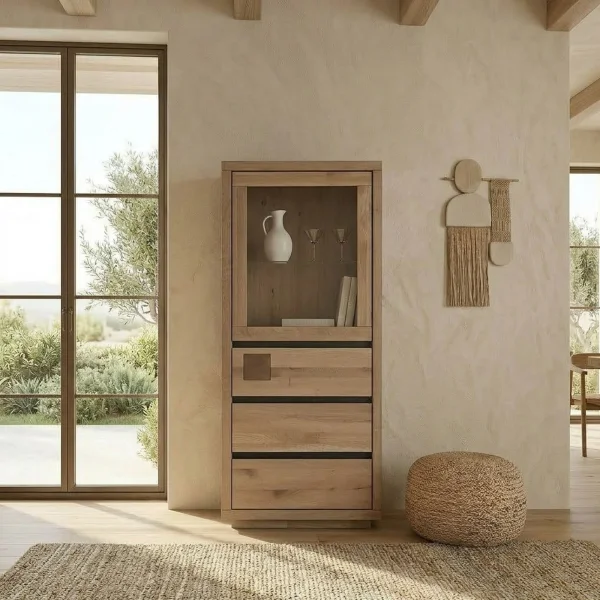 Vetrina 65x148h cm 1 anta 3 cassetti legno massello rovere Tarselia
