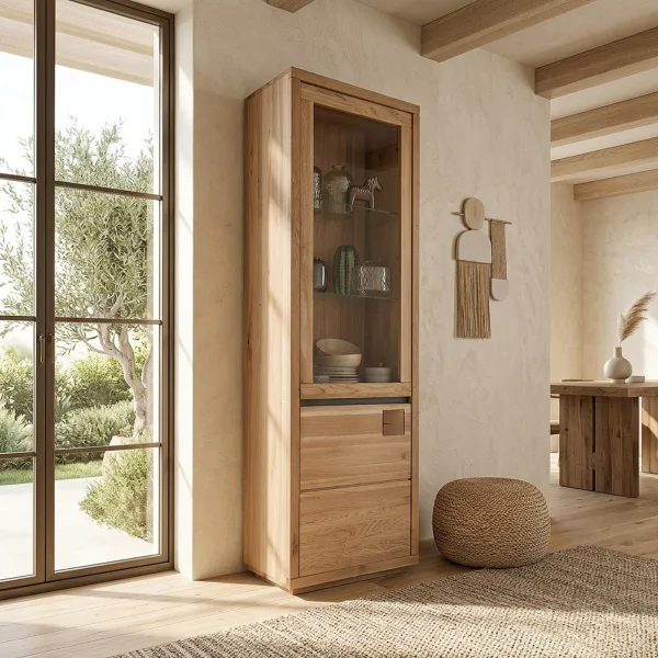 Vetrina 65x205h cm 2 ante apertura sinistra legno massello rovere Tarselia