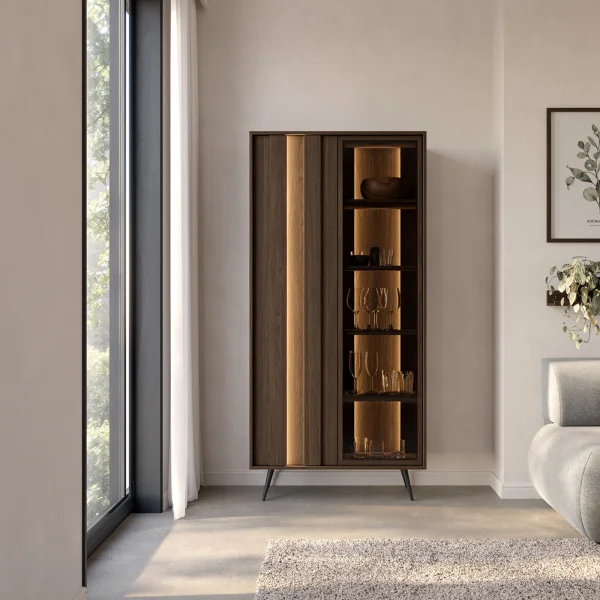 Vetrina 94x196h cm con led 2 ante 5 ripiani reversibile soggiorno noce Bois
