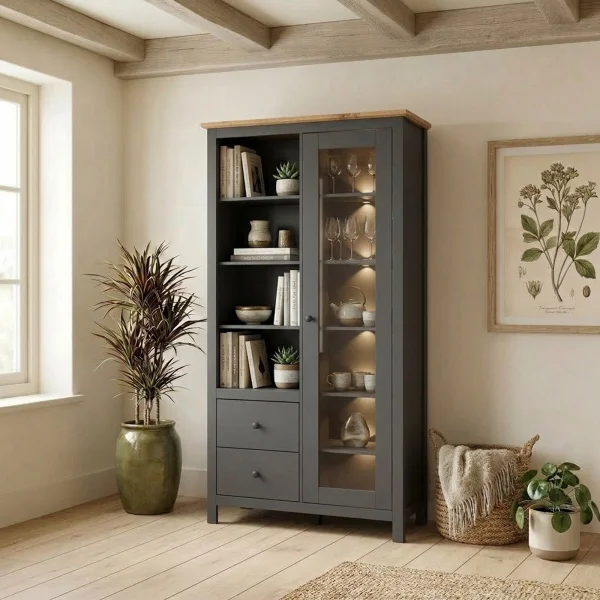 Vetrinetta 106x203h cm con led scandinava 1 anta 2 cassetti 4 vani giorno grigio grafite rovere Holga