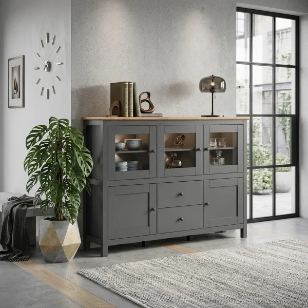 Vetrinetta 186x126h cm con led scandinava 5 ante 2 cassetti grigio grafite rovere Holga