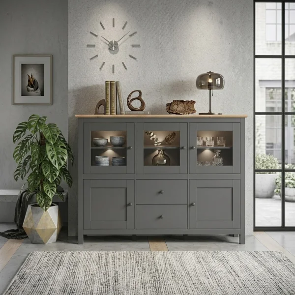 Vetrinetta 186x126h cm con led scandinava 5 ante 2 cassetti grigio grafite rovere Holga