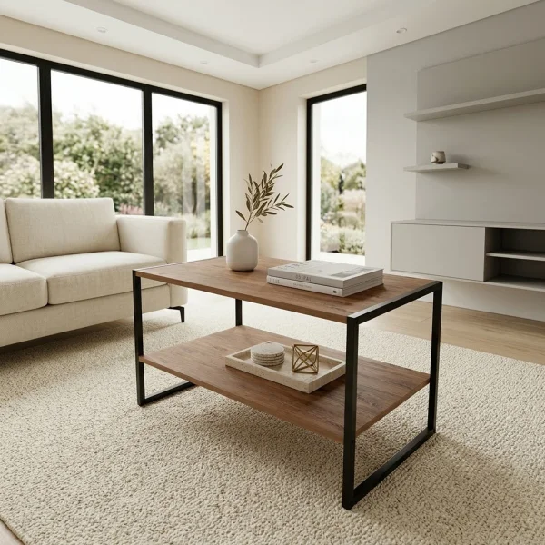 Tavolino da salotto 90x50cm 1 ripiano metallo rovere rustico Tivoli