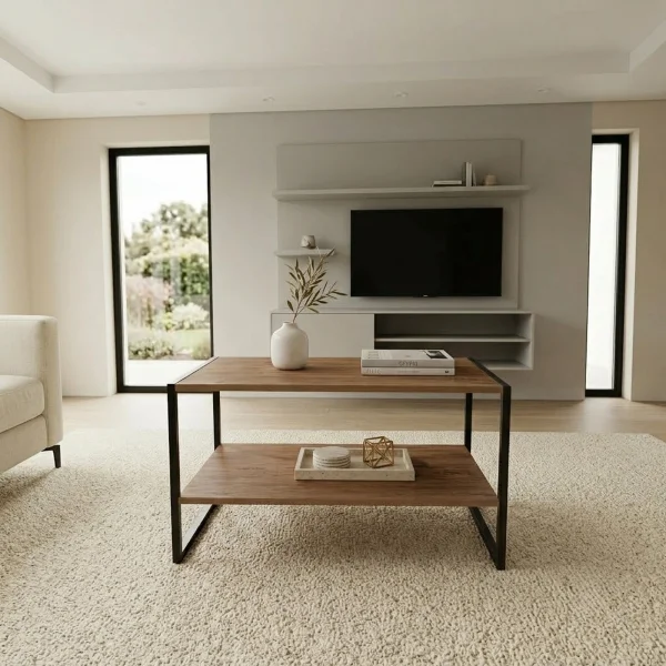 Tavolino da salotto 90x50cm 1 ripiano metallo rovere rustico Tivoli
