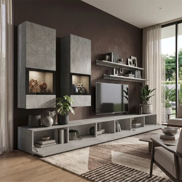 Parete attrezzata 270x176h cm moderna grigio cemento Emotion Gihome®