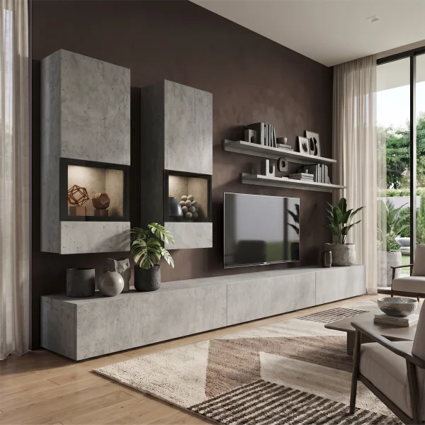 Parete attrezzata 270x176h cm moderna grigio cemento Emotion Gihome®