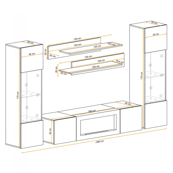 Parete attrezzata 260x170cm sospesa con biocamino e vetrine nero M Gihome®