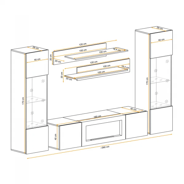 Parete attrezzata 260x170cm sospesa con biocamino e vetrine bianco M Gihome®