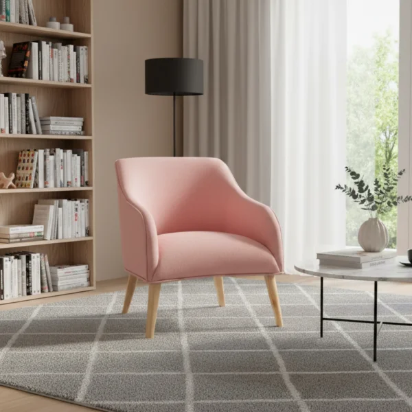 Poltroncina design in tessuto rosa con piedini rovere Bobly