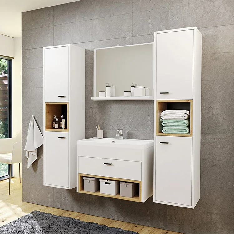 Mobile bagno sospeso 140cm 2 pensili moderno bianco rovere Florentina