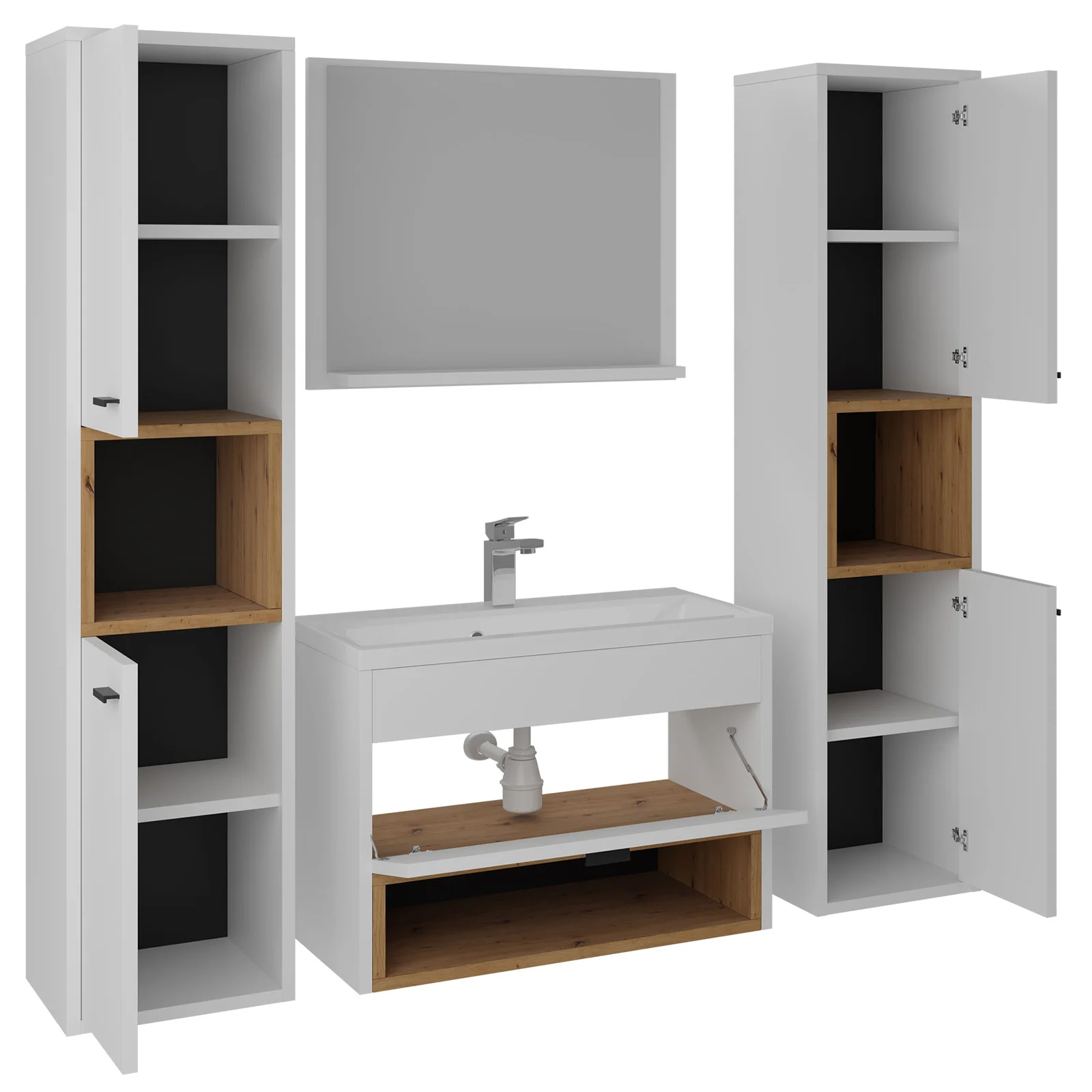 Mobile bagno sospeso 140cm 2 pensili moderno bianco rovere Florentina