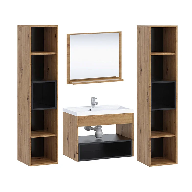 Mobile bagno sospeso 140cm con lavabo, specchio e colonne rovere nero Florentina