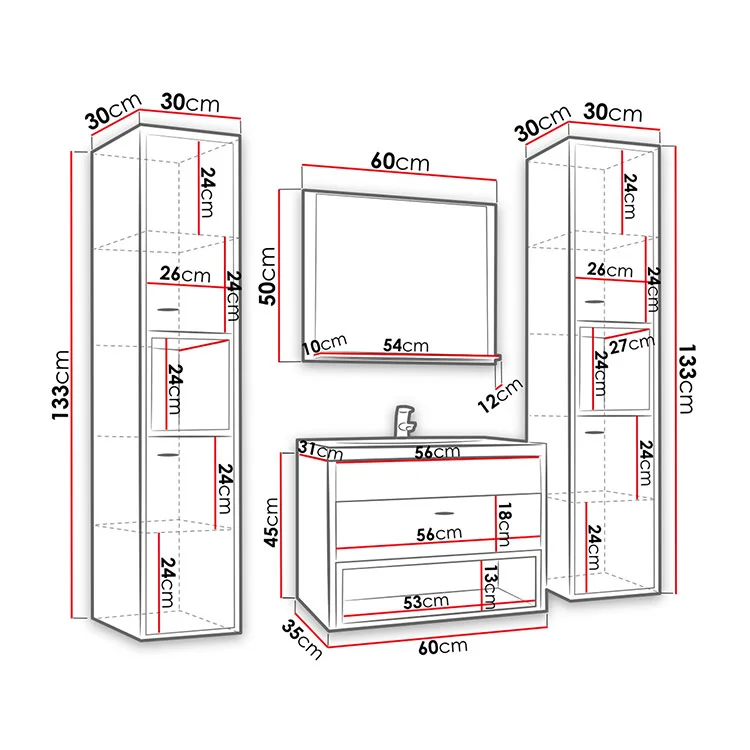 Mobile bagno sospeso 140cm con lavabo, specchio e colonne rovere nero Florentina