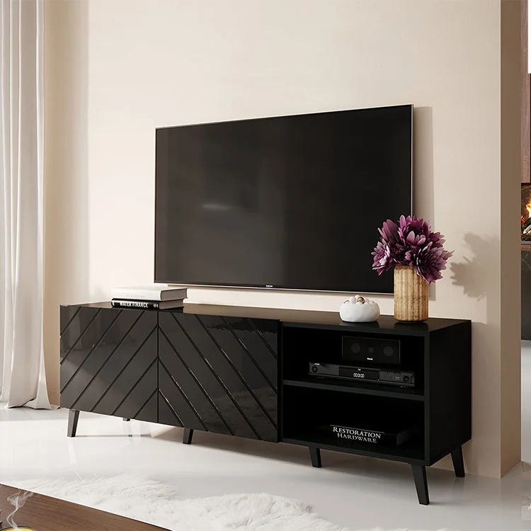 Mobile porta TV 150x52h cm con frontale decorato nero lucido Placida