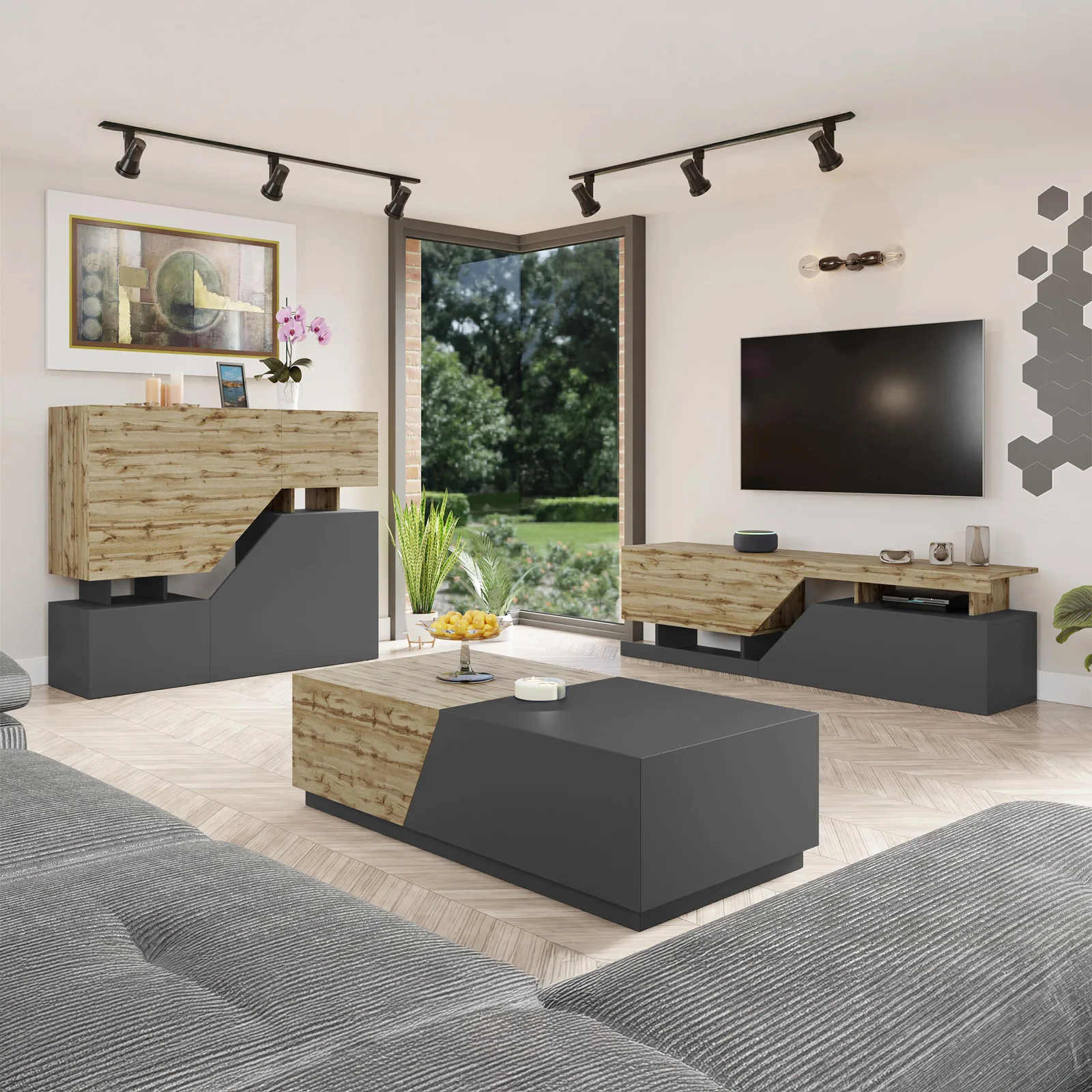 Credenza Epik 51 con 3 Ante 120x40x88,3 Colore Rovere Antracite Grigio Credenza Epik 51 con 3 Ante 120x40x88,3 Colore Rovere Antracite Grigio