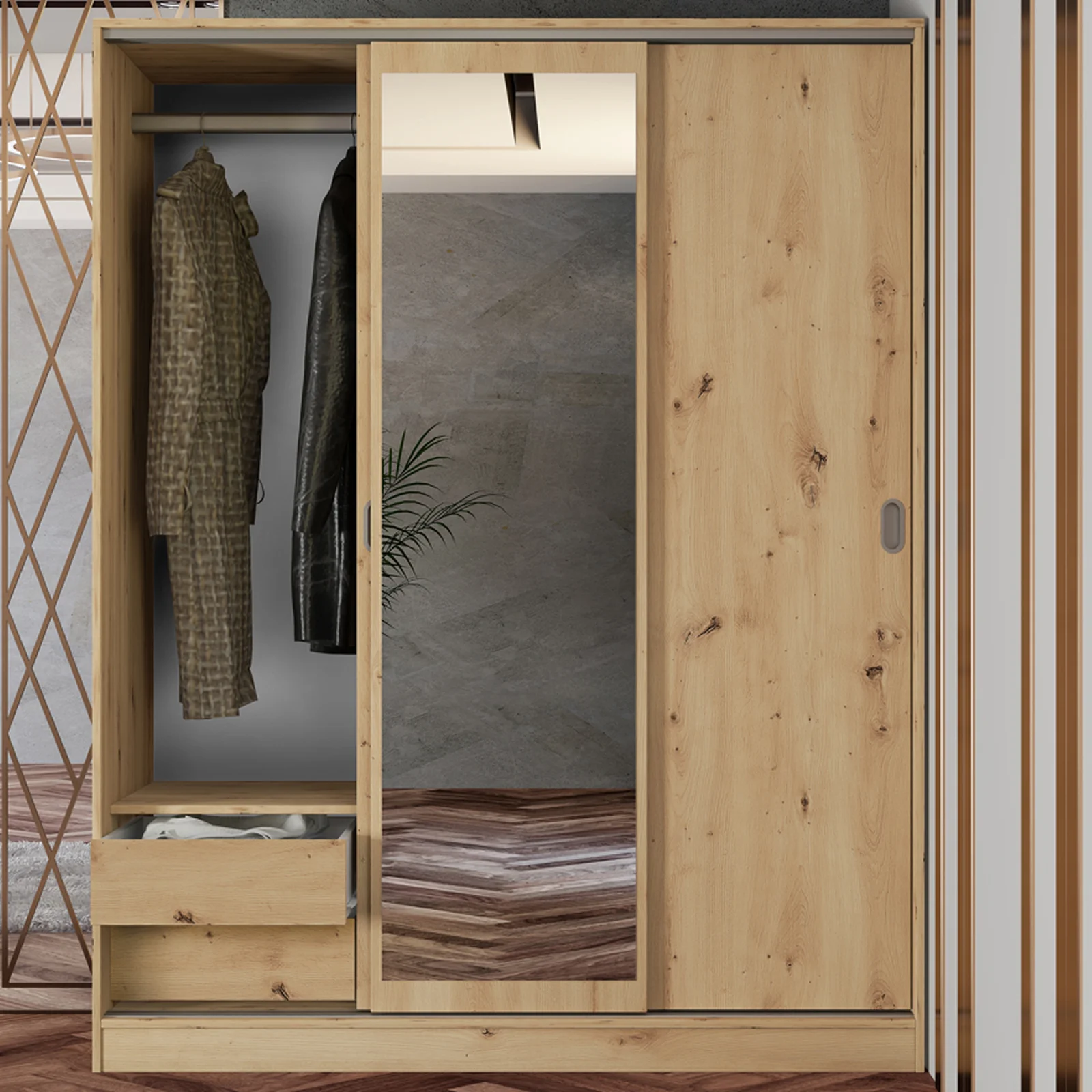 Armadio 150x191h cm scorrevole con specchio rovere rustico Collodi