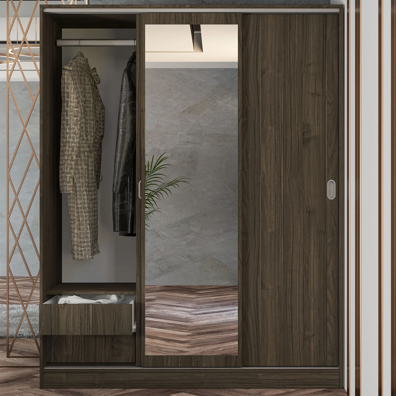 Armadio 150x191h cm scorrevole con specchio noce Collodi