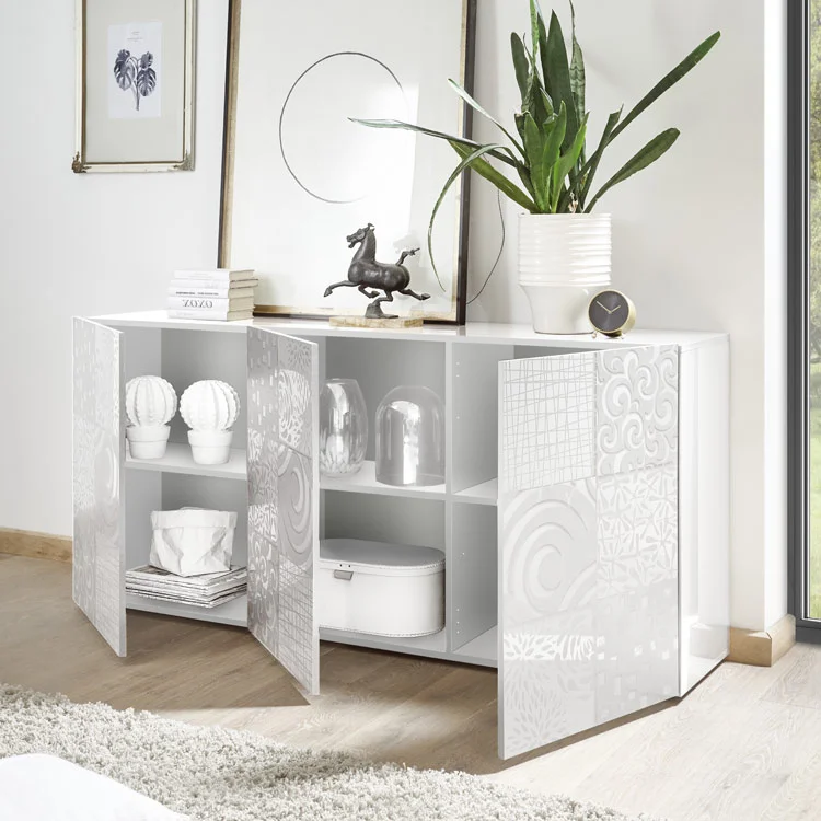 Credenza 3 Ante Bianco Lucido | Mobile Contenitore Moderno Da Salotto, 162 Cm